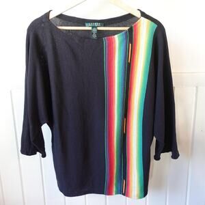 Ralph Lauren Sweater Womens Large Black Multicolor Southwestern Stripe Knit Top